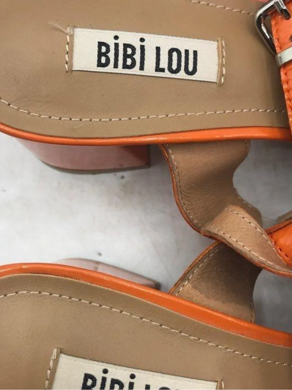 Bibi Lou Sandals SIZE 40 Orange Cream Patent Leather Square-Stitched Woman’s EUC